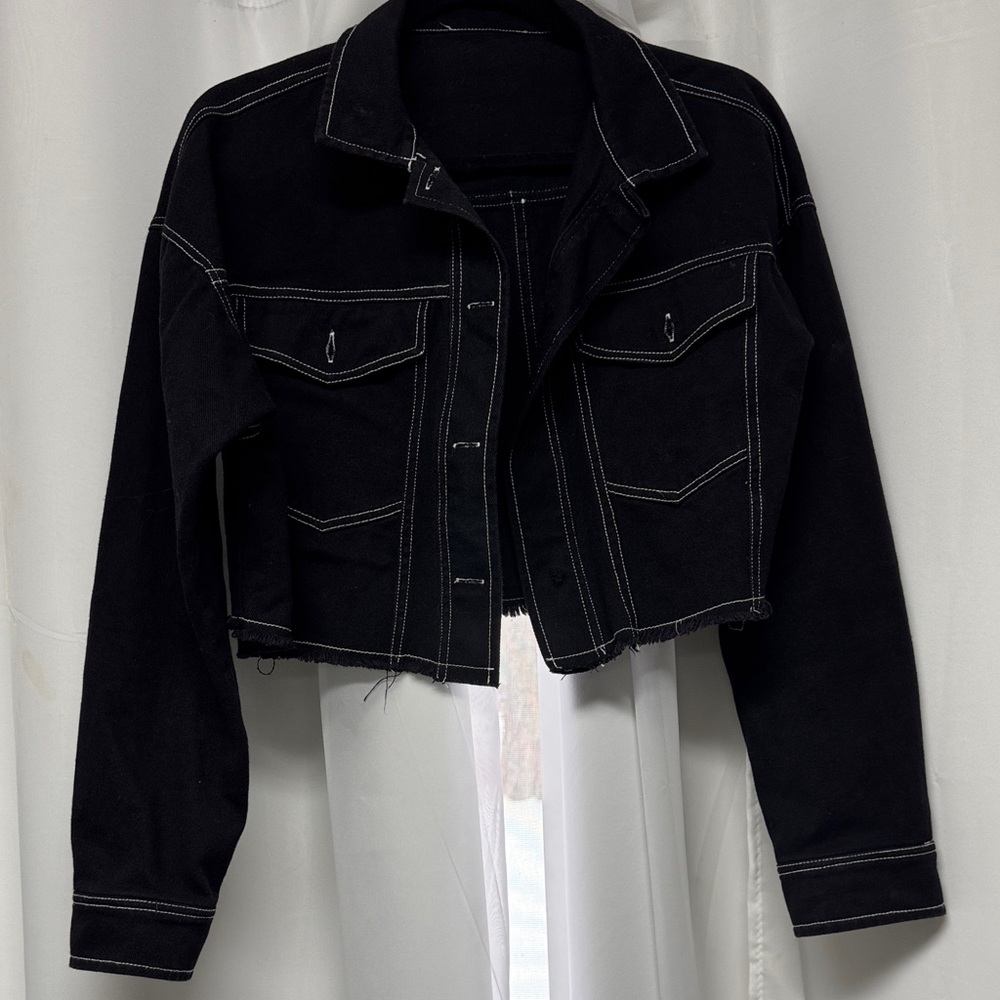Women's Black Denim Jacket with Contrast Stitching